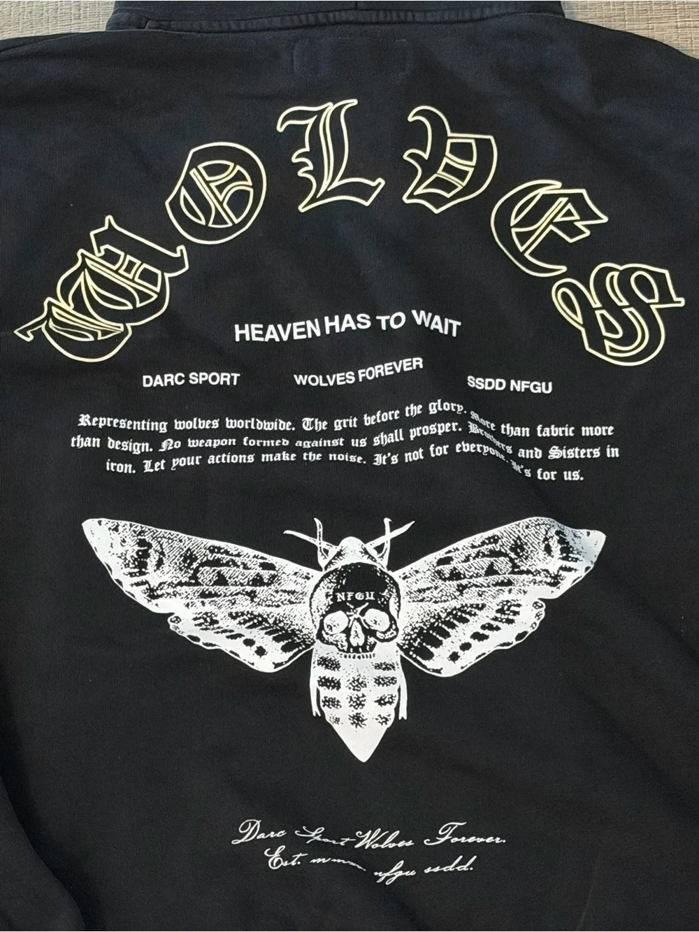Darc Sport Black Hoodie with White Gothic Wolf and Moth Graphics